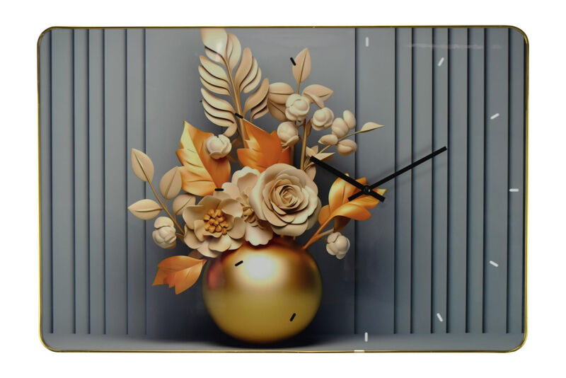 HomeRoots 24" Beige Gold And Gray Solid Wood and Acrylic Silent Analog Floral Wall Clock image number 0