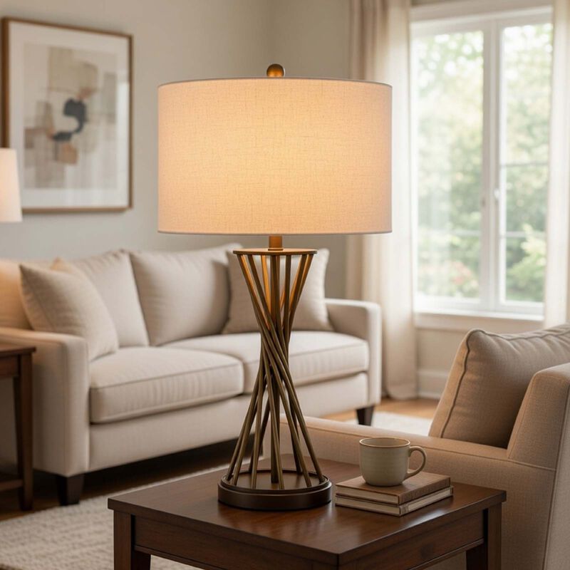 Table Lamp, Twisted Hourglass Gold Base, Light Brown Shade, 31 Inch image number 8