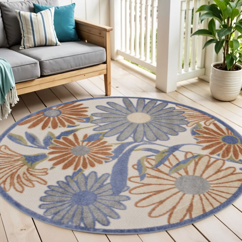 HomeRoots 5' Beige Round Floral Indoor Outdoor Area Rug image number 1