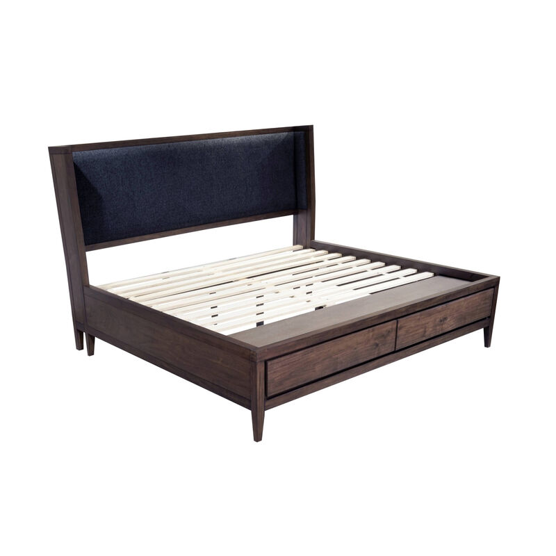 Enzo Queen Storage Bed, Linen Upholstered Headboard, Brown Mahogany Wood  - Benzara