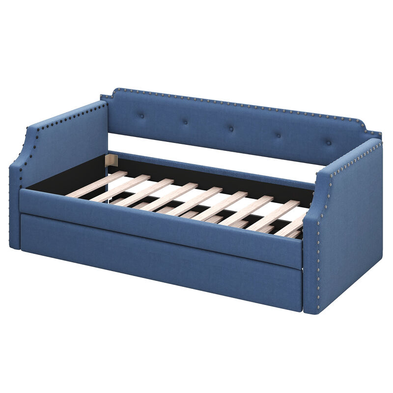 Merax Upholstered Daybed with Trundle, Wood Slat Support,Upholstered Frame Sofa Bed