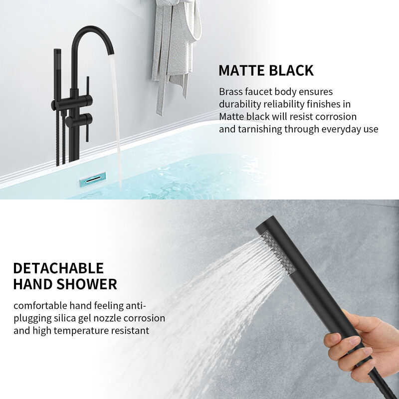 Freestanding Bathtub Faucet, Floor Mount Tub Filler with Hand Shower & Swivel Spout