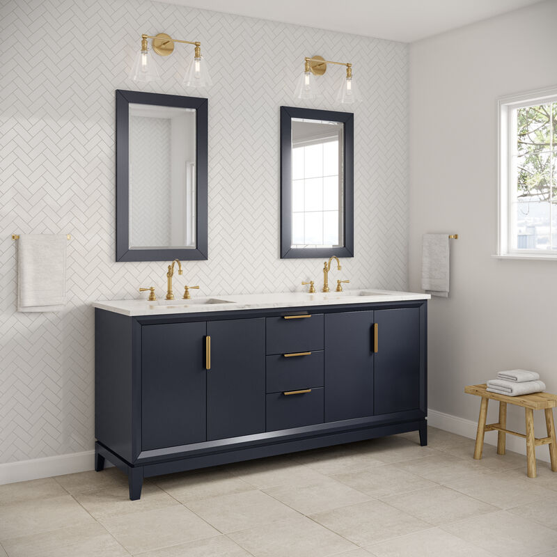Elizabeth 72 In. Double Sink Carrara White Marble Countertop Bath Vanity In Monarch Blue with Satin Gold Hardware