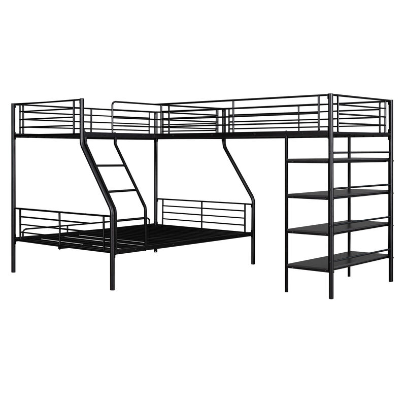Whisen L-Shaped Metal Twin over Full Bunk Bed and Twin Size Loft Bed with Four Built-in Shelves- Black&nbsp;