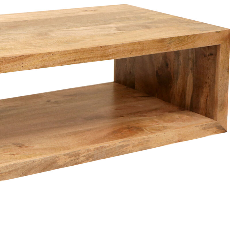 Keli 58 Inch Mango Wood Coffee Table, Open Cube, 1 Shelf, Natural Brown