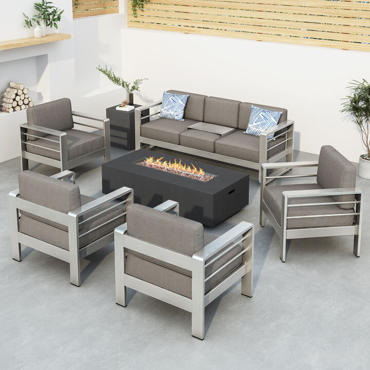 Christopher Knight Home Carly Outdoor Aluminum 7 Seater Chat Set with Fire Pit
