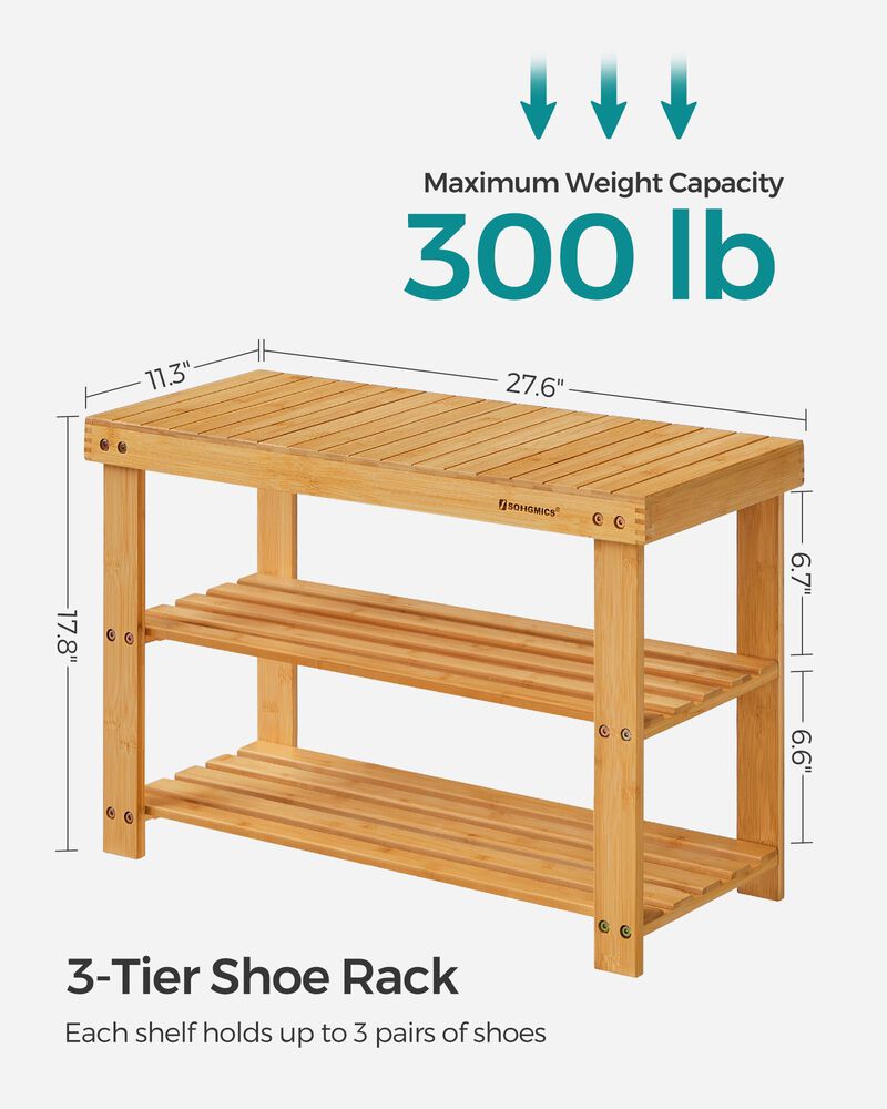 Shoe Bench with 3 Wicker Tiers &ndash; Compact Storage Rack with Seat for Bedroom, Entryway or Closet Use