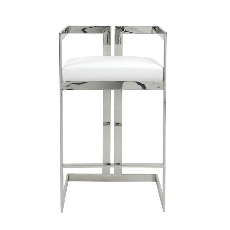 Suki 30 Inch Barstool Chair, White Faux Leather, Silver Stainless Steel