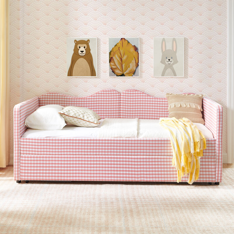 Merax Gingham Daybed with Trundle & Guardrails &ndash; Solid Wood Frame, Side Storage Pocket image number 4