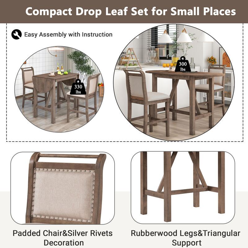 Merax 2-Seater Drop Leaf Kitchen Table Set with Folding Half-Round Sides, Rubber Wood Construction image number 6