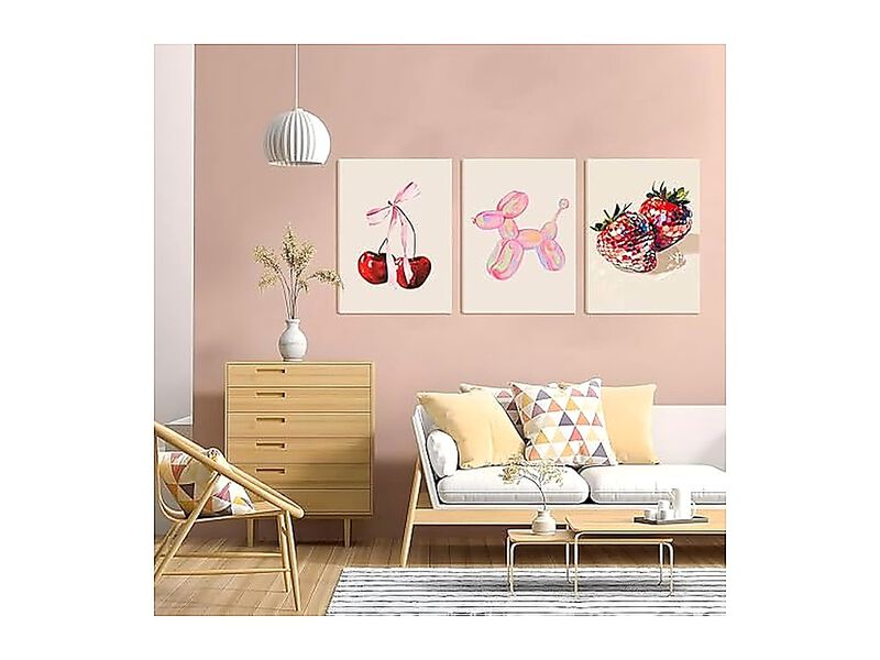 Cute Pink Canvas Wall Art Set 3 Fruit Disco Strawberry Bow Cherry Decor Funky image number 2