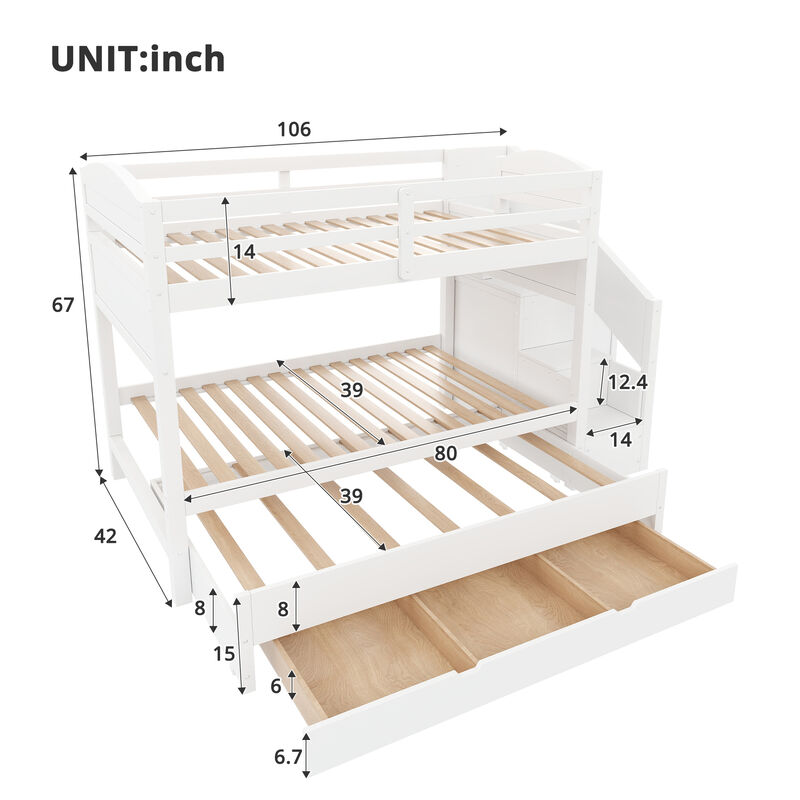 Merax Twin XL White Bunk Bed with Trundle, Storage Staircase, Drawers & Wardrobe image number 4