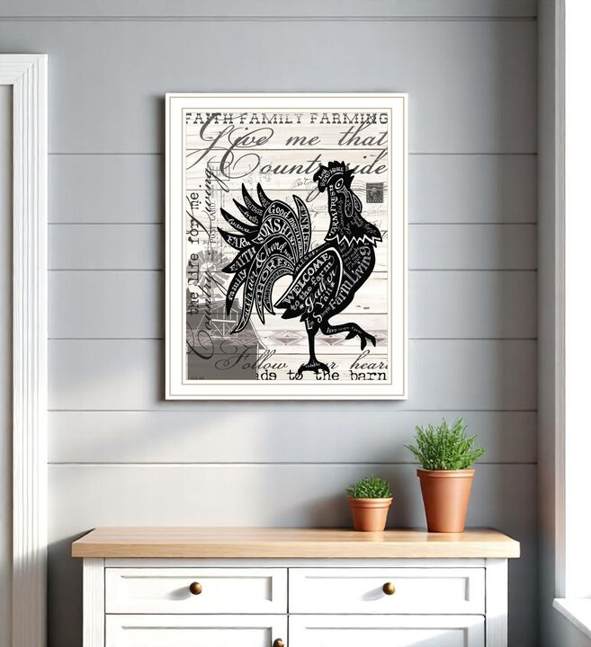 HomeRoots Faith Family Farm Rooster White Framed Wall Art