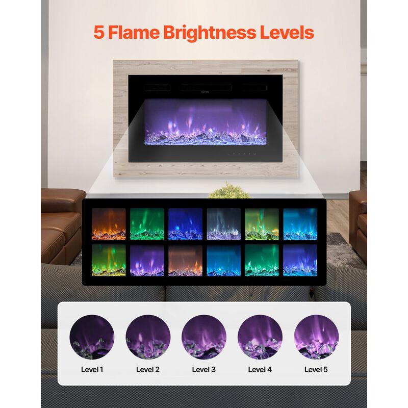 Electric Fireplace Wall Mounted 1500W with Adjustable Flame, Remote & Overheat Protection-Black image number 6