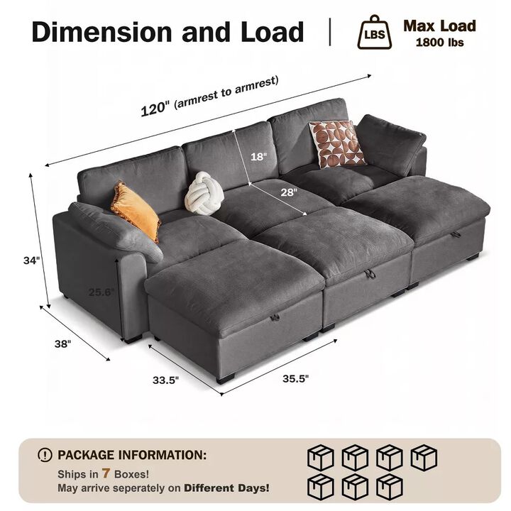 120" Modular Sectional Sleeper Sofa, 6-Seat Couch Bed with Storage Ottoman Deep Seat for Living Room
