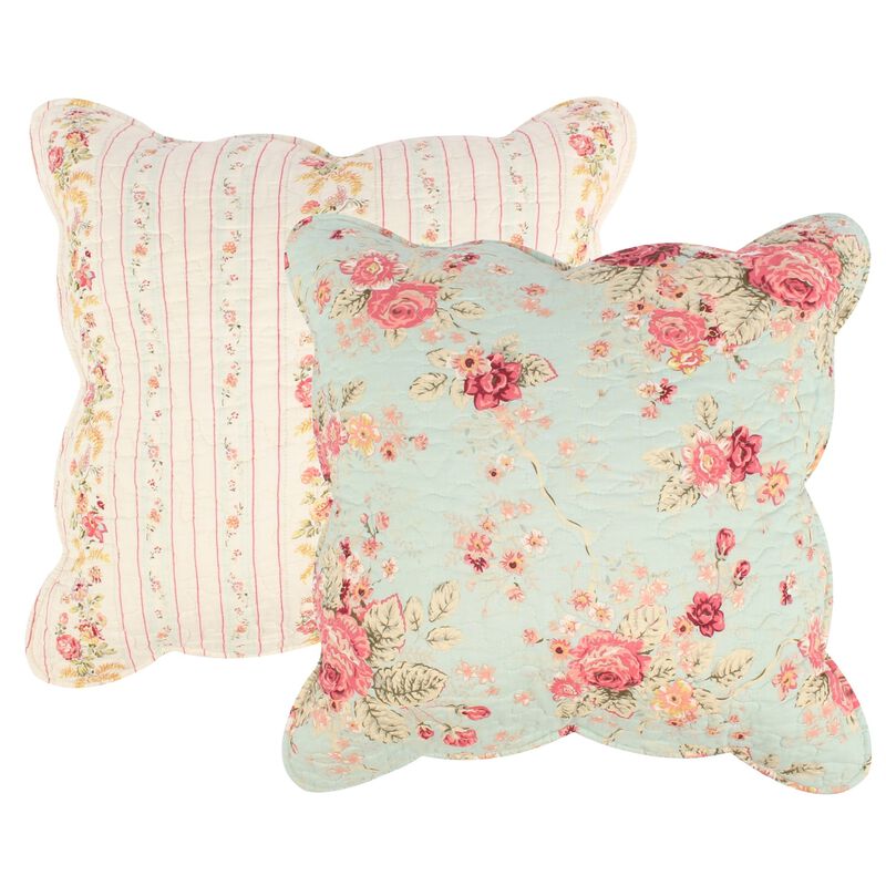 Rosle 5pc Full/Queen Quilt Set, Shams, Patchwork Floral Print, Blue Cotton - Benzara