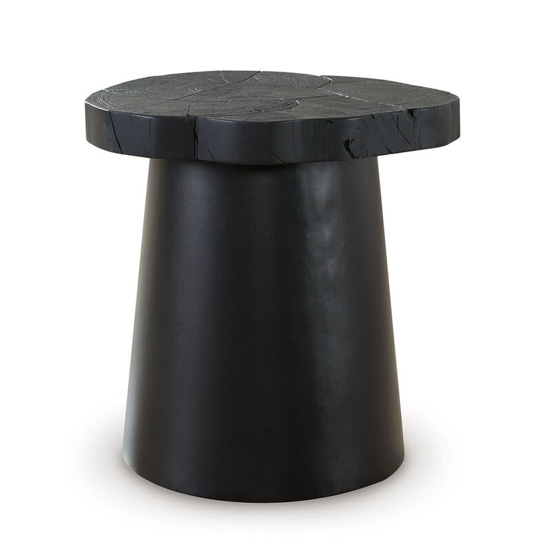 Wim Side End Table, Live Edge Black Acacia Wood, Metal, Round 23 Inch