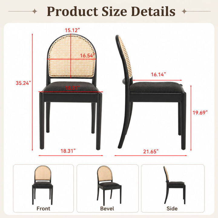 GOODSILO Set of 2 Rattan Backrest Dining Chairs, Upholstered Armless Kitchen Chairs with Padded Seats and Solid Wood Legs for Dining and Kitchen Use