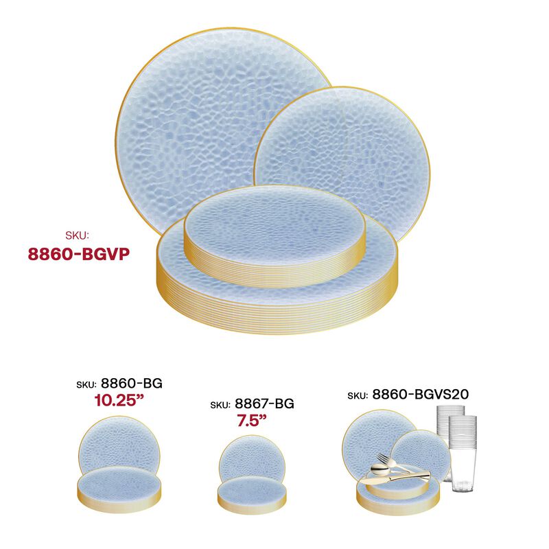 Clear Blue with Gold Rim Hammered Glass Plastic Dinnerware Value Set (60 Sets) image number 6