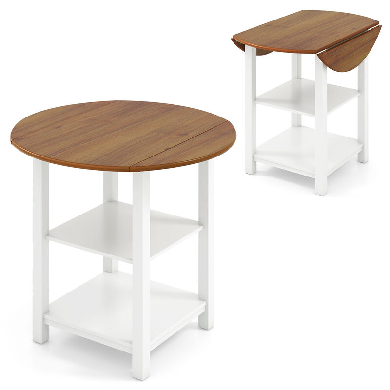 Folding Round Dining Table with Drop Leaf and 2 Shelves for Space-Saving Dining in Small Areas