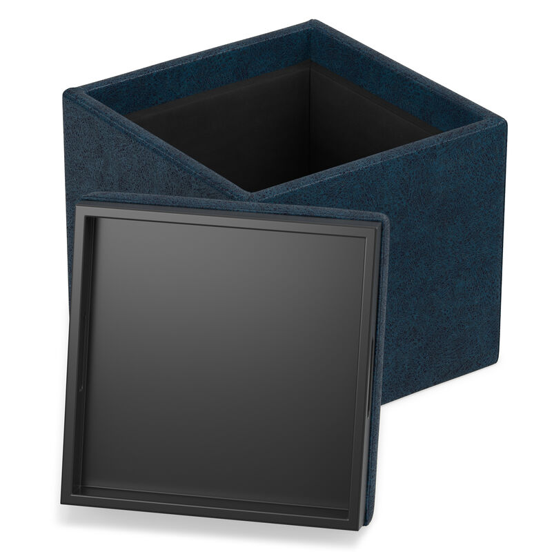Rockwood 17 inch Wide Contemporary Square Cube Storage Ottoman with Tray in Distressed Dark Blue Vegan Faux Leather, Assembled image number 2
