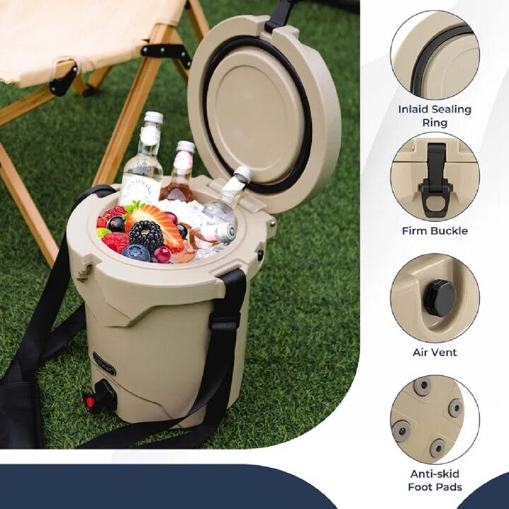 10 QT Drink Cooler Insulated Ice Chest with Spigot Flat Seat Lid and Adjustable Strap-Beige