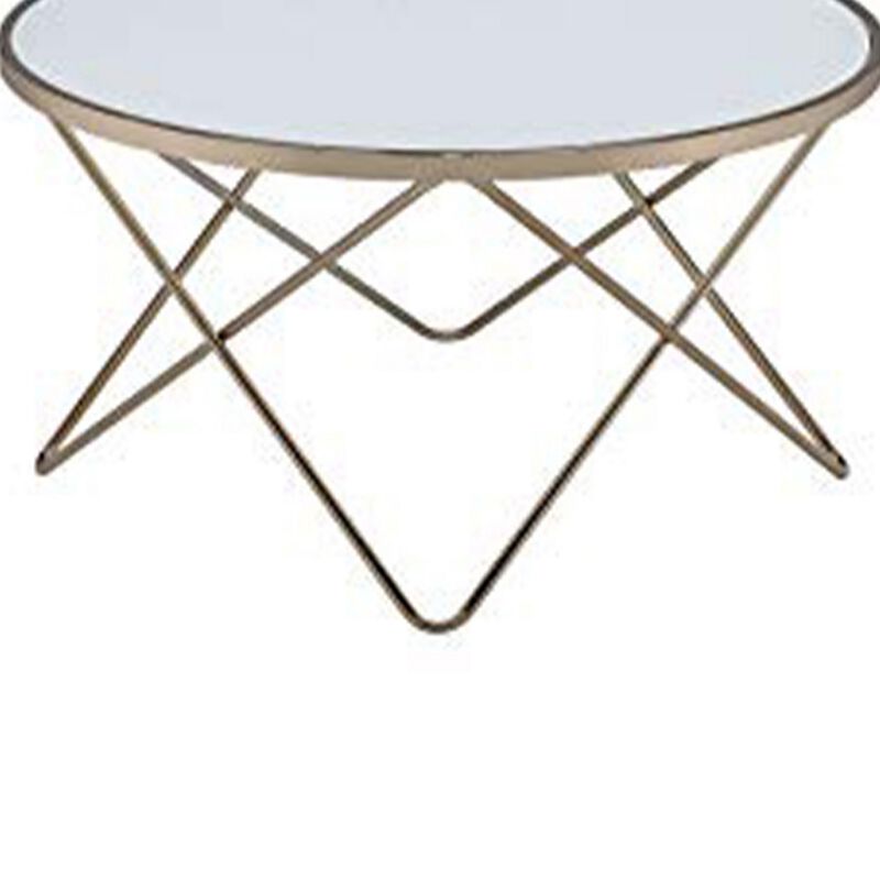 Contemporary Style Round Glass and Metal Coffee Table, White and Gold-Benzara