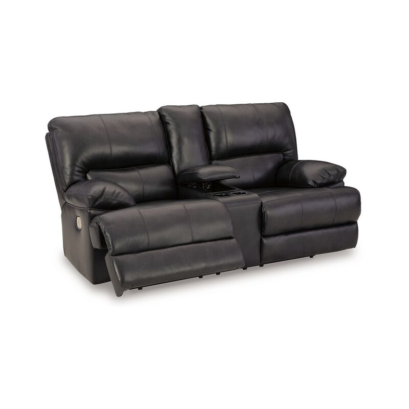Monto Power Recliner Loveseat, Black Leather, Cupholders, 82 Inch - Benzara