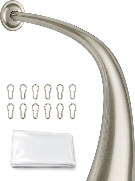 Shower Suite by Utopia Alley &ndash; Rustproof Aluminum Curved Shower Curtain Rod Combo Set with Liner & 12 Hooks, Adjustable 45&ndash;72 Inch Wall Mount Rod