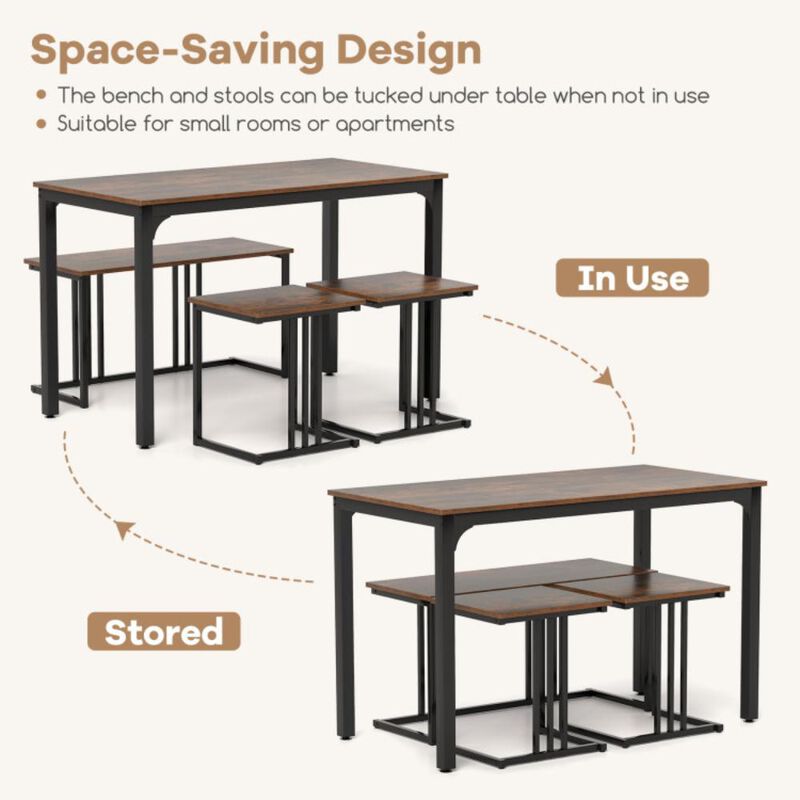 Hivvago 4 Pieces Industrial Dining Table Set with Bench and 2 Stools