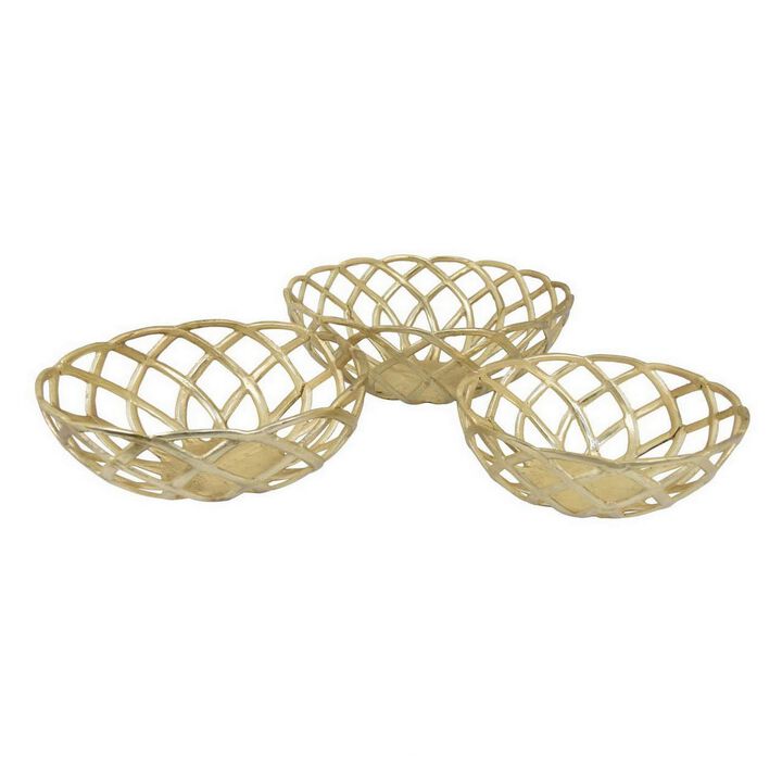 Lyna 18 Inch Modern Decorative Metal Basket Set of 3, Gold Color - Benzara