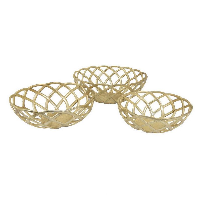 Lyna 18 Inch Modern Decorative Metal Basket Set of 3, Gold Color - Benzara