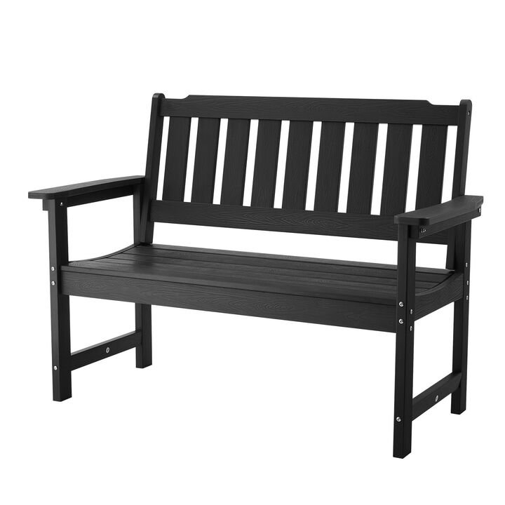 Weatherproof Outdoor Bench for 2-3 People Plastic Patio Bench with Backrest for Porch Yard-Black
