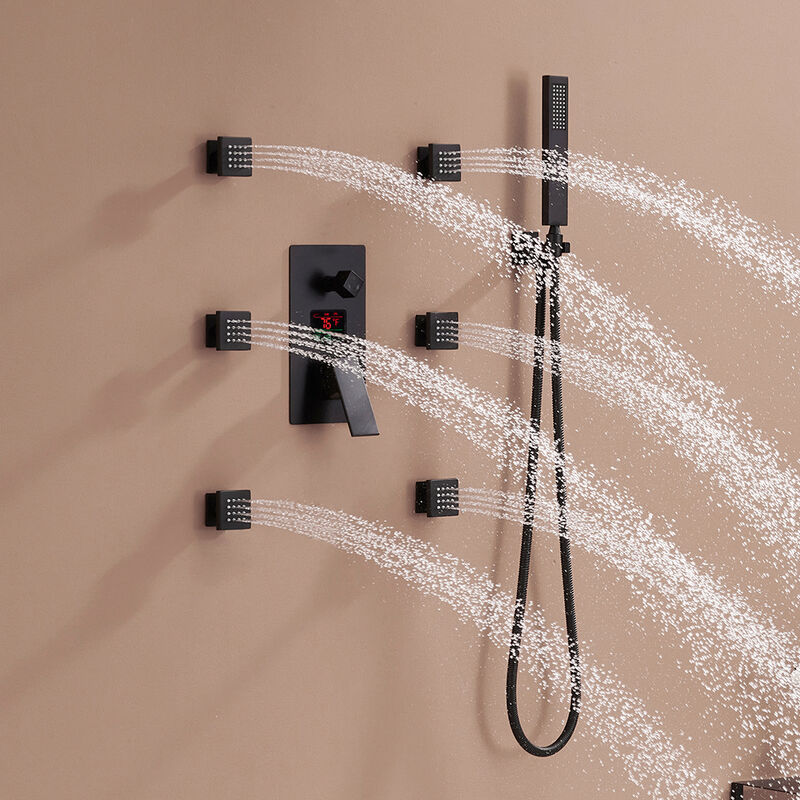 Mondawe Temperature Digital Display 3 Functions Wall Mounted Thermostatic Shower System with 6 Body Jets and Rough-in Valve in Brushed Gold