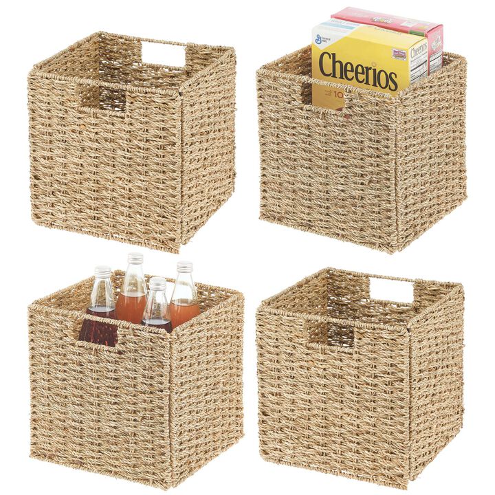 mDesign Seagrass Woven Kitchen Basket Organizer, Handles, 4 Pack, Gray Wash