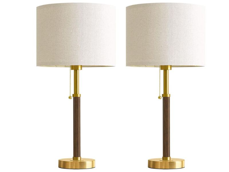 Mid Century Table Lamps Set of 2 Wood Gold Bedroom Bedside Nightstand Lamps image number 0
