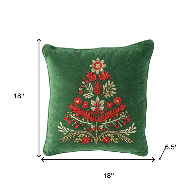 HomeRoots 18" Green And Red Floral Velvet Cotton Christmas Tree Throw Pillow image number 4