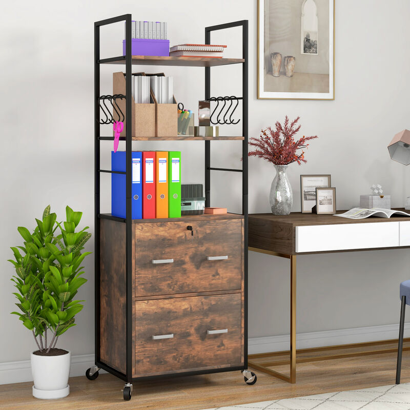 Vinsetto 2 Drawer File Cabinet with Key, Mobile Filing Cabinet with Adjustable Hanging Bar for Letter, A4 and Legal Size Paper, Printer Stand with Storage Shelves, 8 Hooks, Rustic Brown