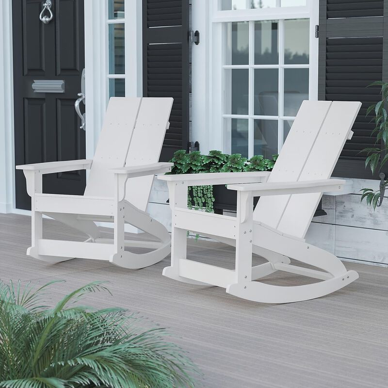 Flash Furniture Finn Modern Commercial Poly Resin Wood Adirondack Rocking Chair - All Weather White Polystyrene - Dual Slat Back - Stainless Steel Hardware - Set of 2 image number 1