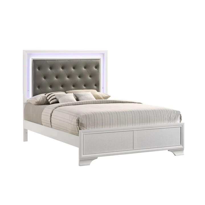 Benjara Lise Queen Size Bed, Fabric Upholstery, LED Lit, Modern Wood, White and Gray
