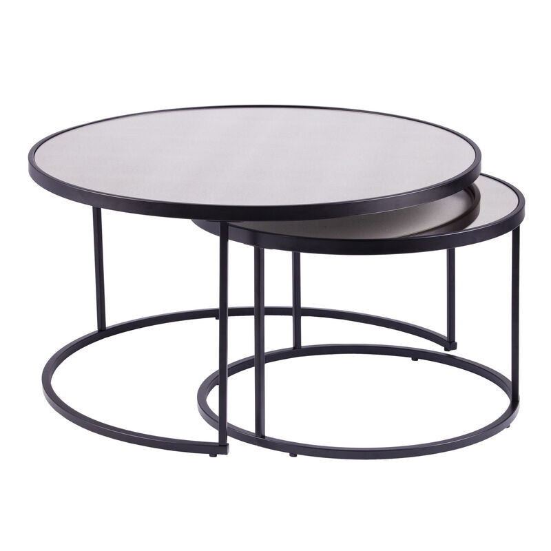 Hivvago Set of Two Black And Silver Mirrored Round Nested Coffee Table Set