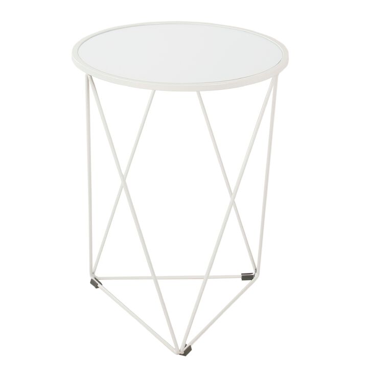 Accent Table, 18 Inch, Round Mirror Top and Open White Metal Base