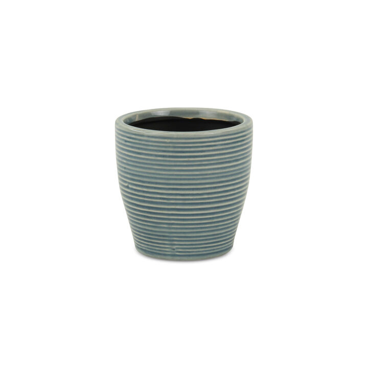 HomeRoots Blue Ceramic 22 Ounce Striped Round Distressed Pot Planter