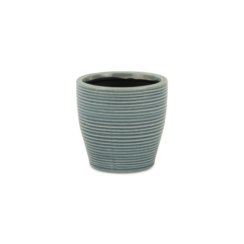 HomeRoots Blue Ceramic 22 Ounce Striped Round Distressed Pot Planter image number 0