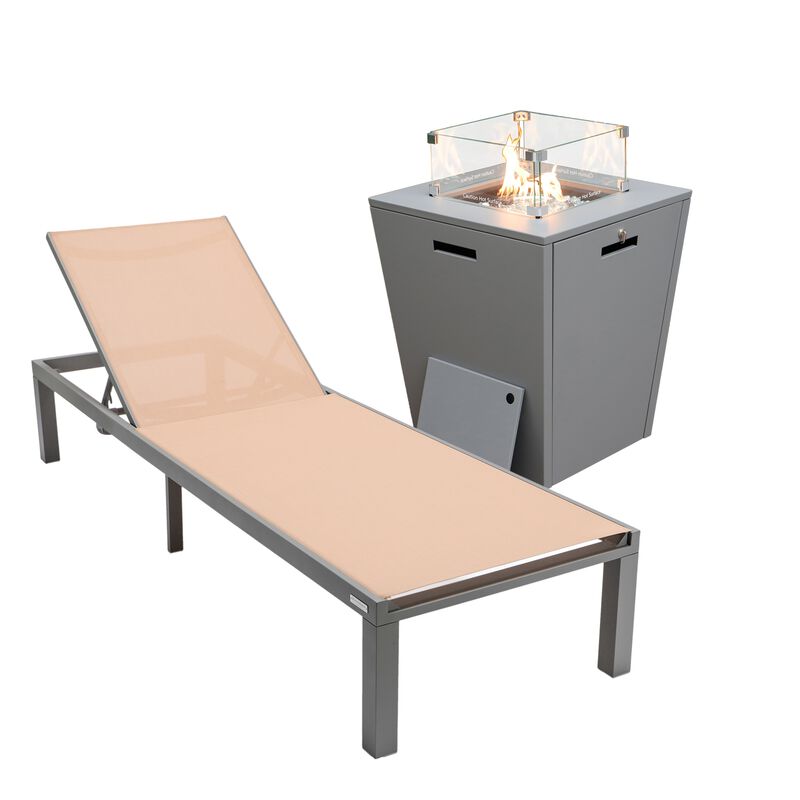 LeisureMod Marlin Modern Black Aluminum Outdoor Patio Chaise Lounge Chair in Grey Frame with Square Fire Pit Side Table