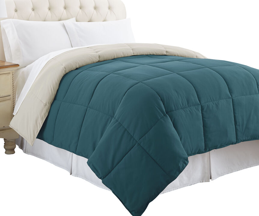 Genoa Queen Size Box Quilted Reversible Comforter The Urban Port, Blue and Gray-Benzara