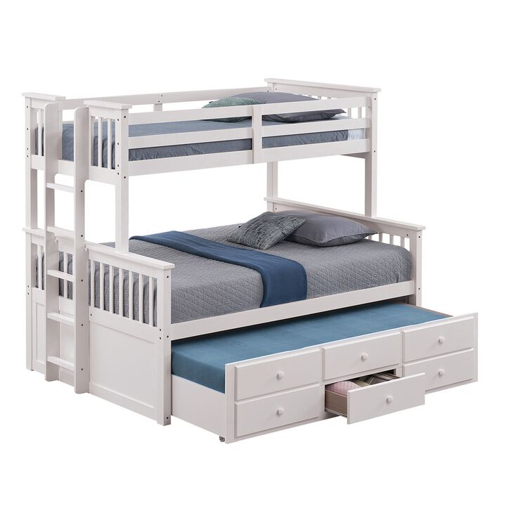 Veran Twin Over Full Bunk Bed, Trundle and 3 Drawers, White Solid Wood