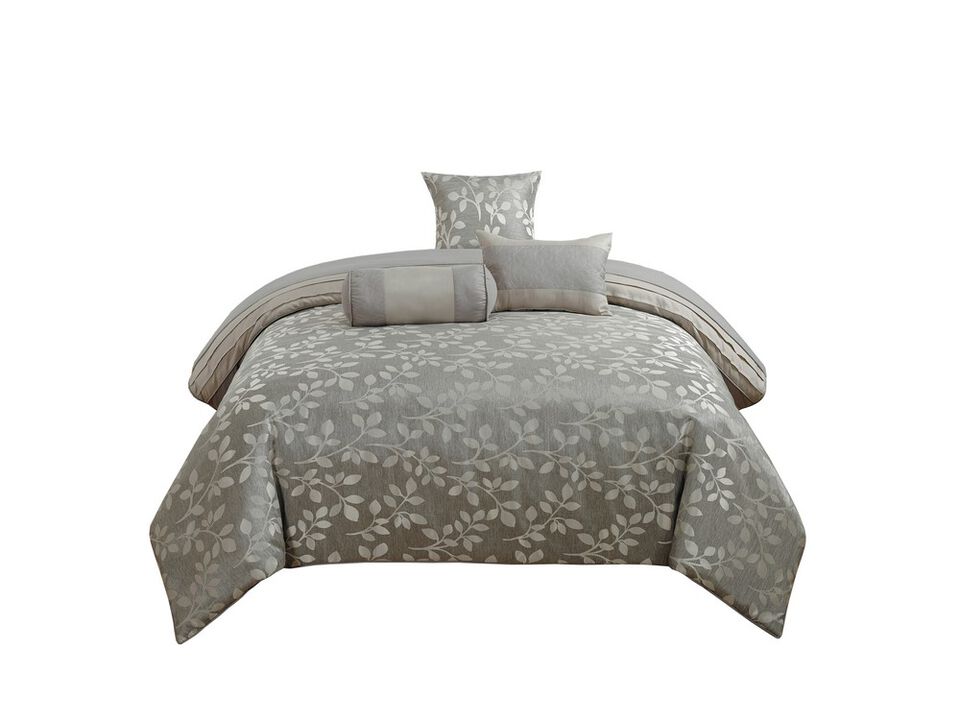 Queen Size 7 Piece Fabric Comforter Set with Leaf Prints, Gray - Benzara