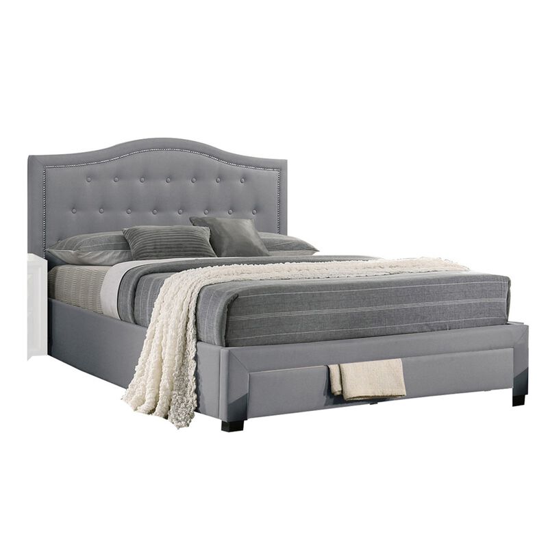 Sey California King Bed w Storage Drawer, Light Gray Burlap Upholstery - Benzara