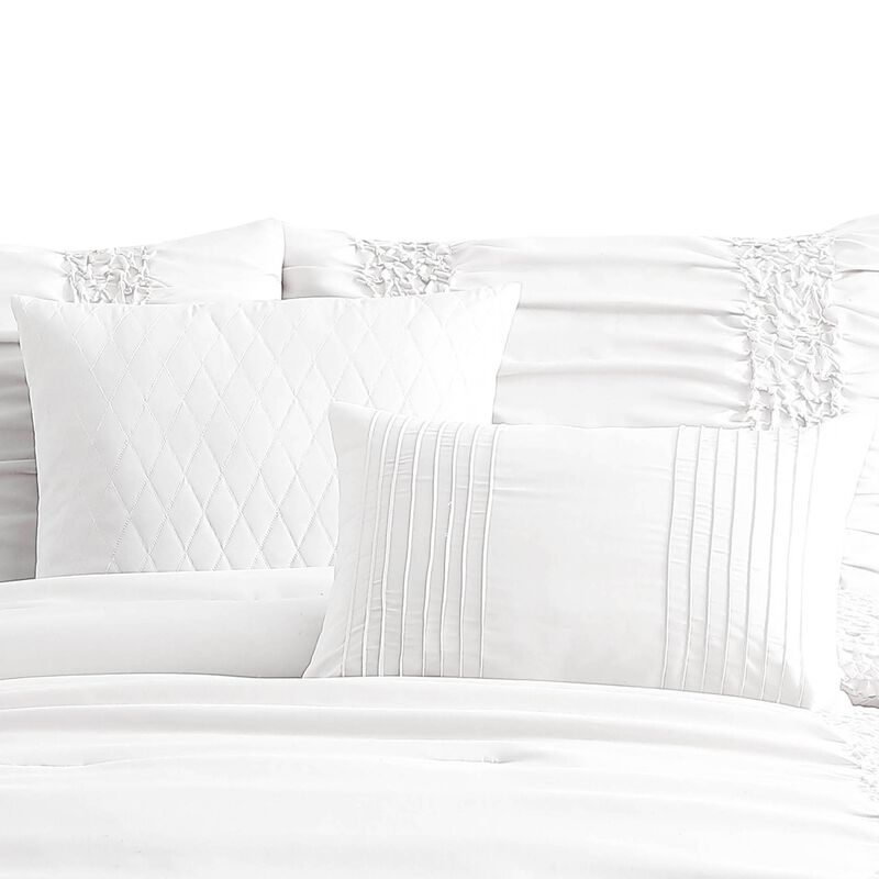 4 Piece Twin Comforter Set with Ruching Details, White - Benzara